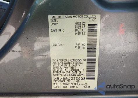 2020 Nissan Altima Sl Intelligent Awd из США, поврежденный, VIN 1N4BL4EW7LC223908